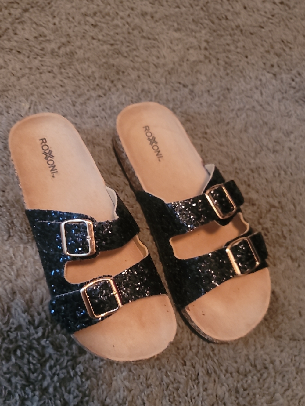 ROXONI Black Glitter Double-Buckle Slide Sandals